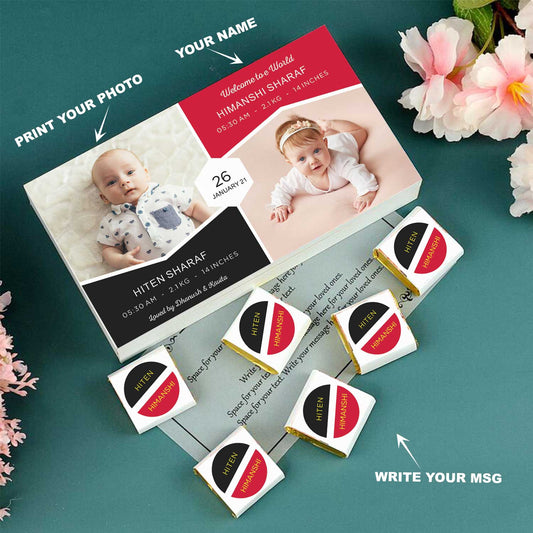 customized white wooden box with all wrapper printed chocolates. There is also a personalized message printed on Message paper inside the box.