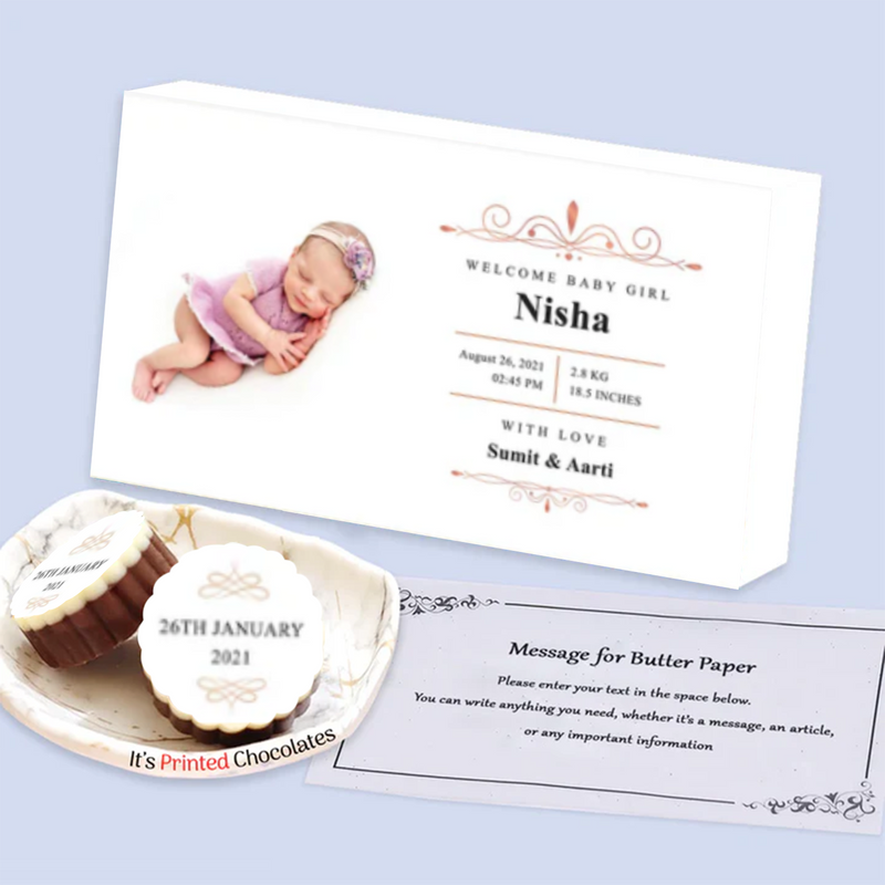 Black elegant photo collage baby announcement printed chocolates