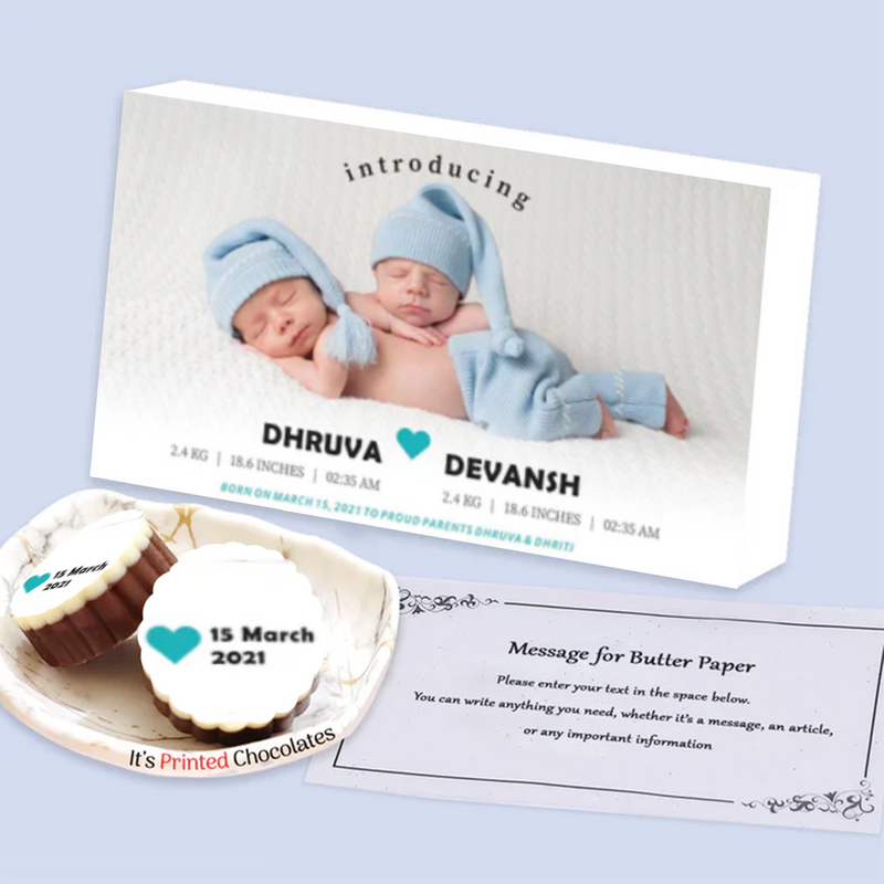 Blue floral designed frame photo printed baby announcement chocolates