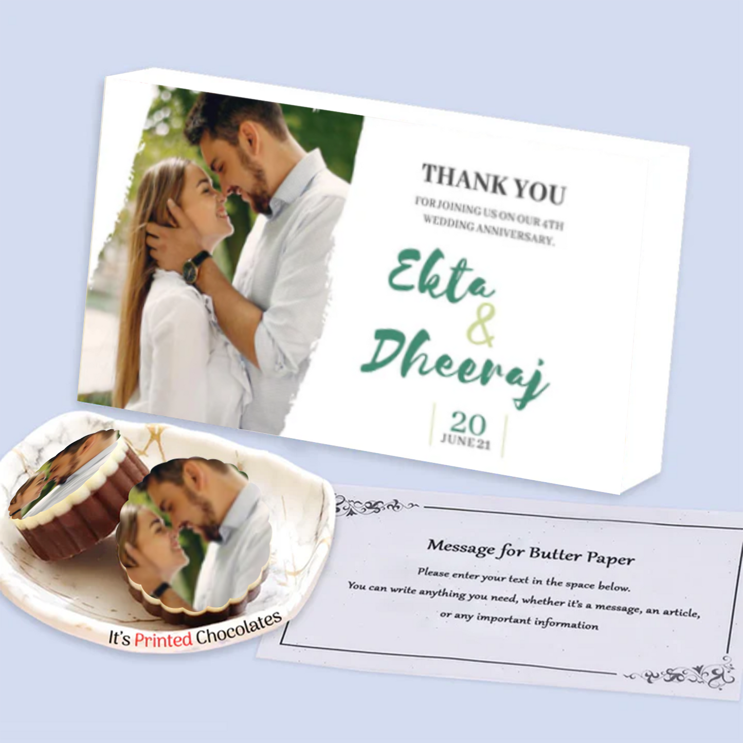 Thank You teal coloured personalised chocolates return gift