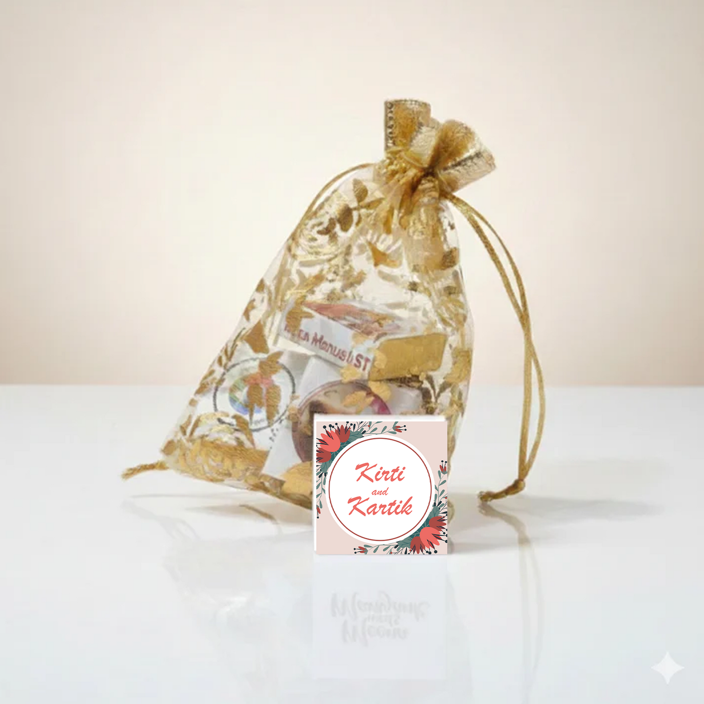 Personalized Chocolate Return Gift in Golden Potli Packaging