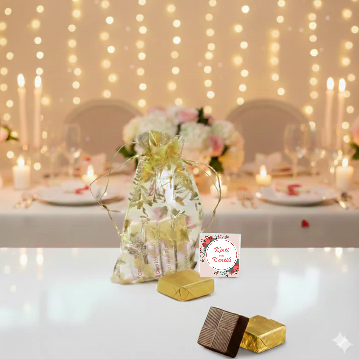 Personalized Chocolate Return Gift in Golden Potli Packaging