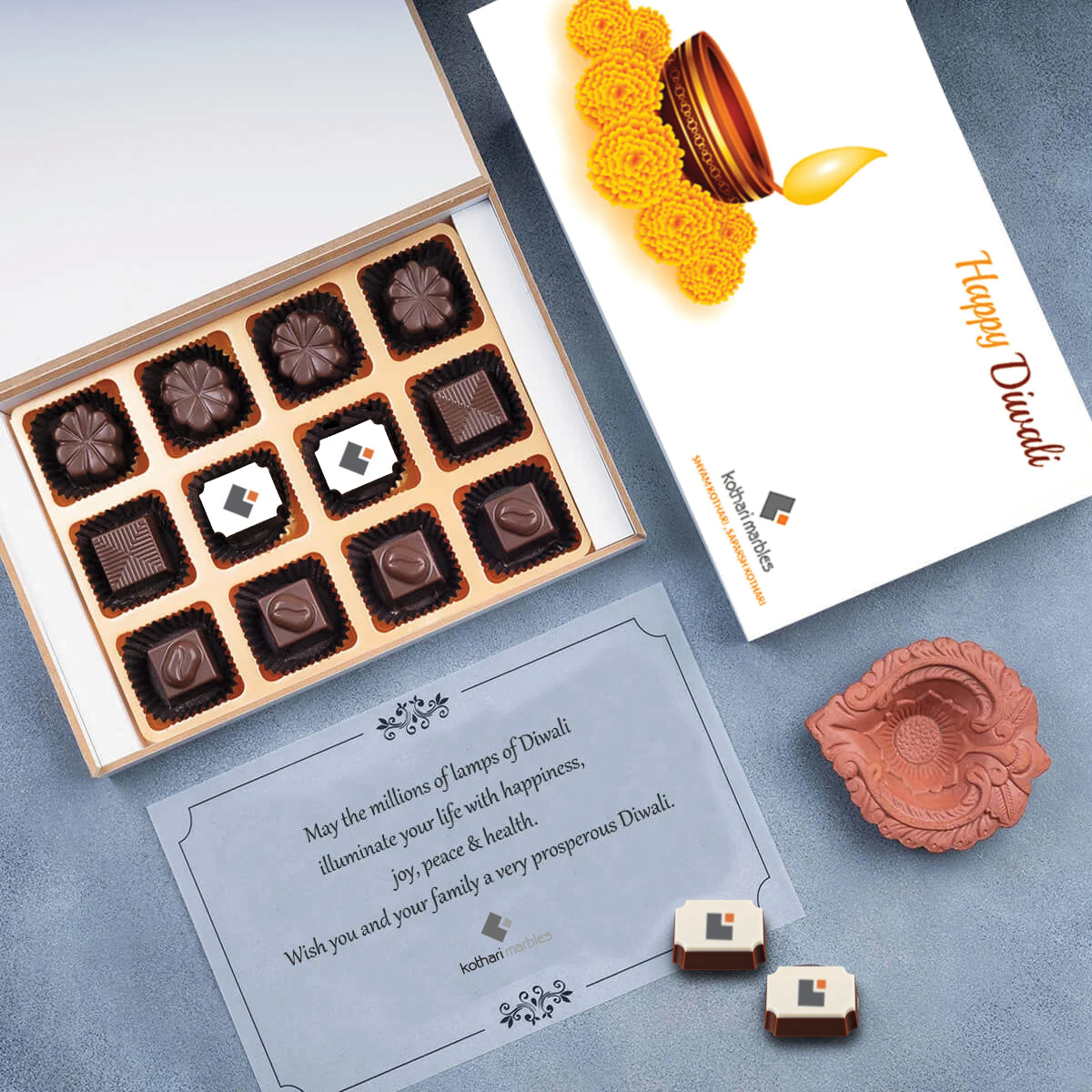 Diwali Chocolate Gift Box – 12 Chocolates  With Two Logo Printed  (Min. 10 Boxes)