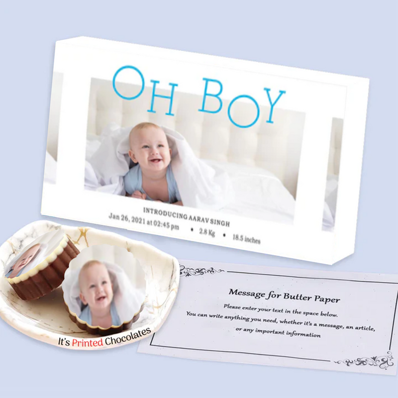 Blue floral design printed chocolates baby announcement