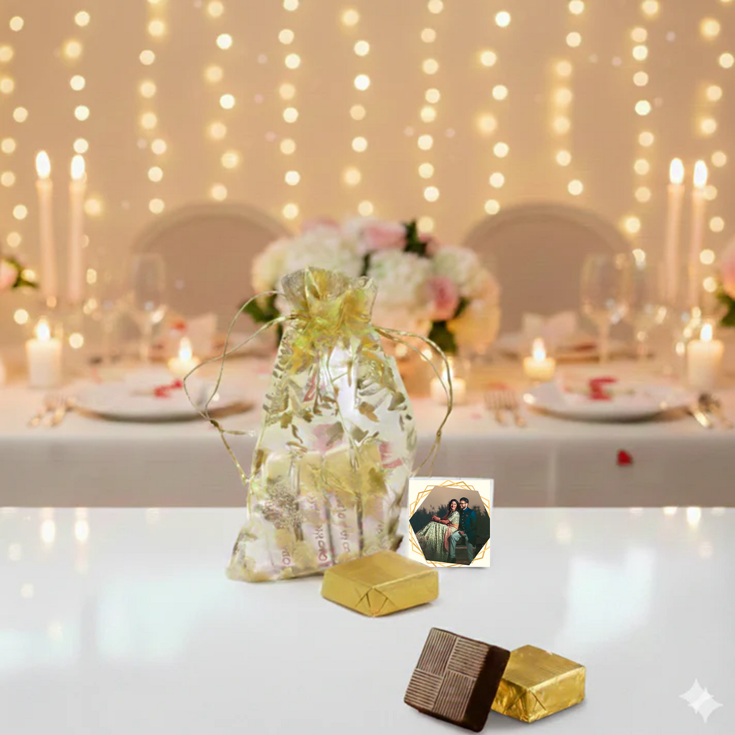 Personalized Golden Potli Chocolate Gift with 5 Photo Printed Chocolates