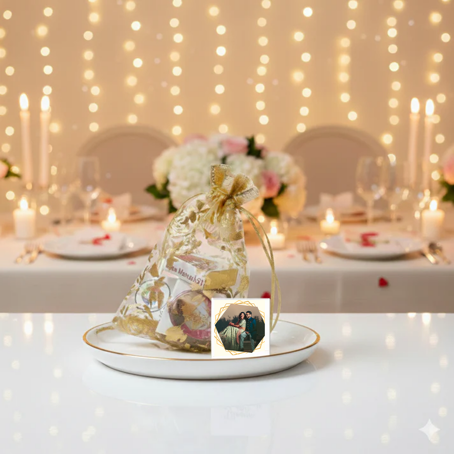 Personalized Golden Potli Chocolate Gift with 5 Photo Printed Chocolates