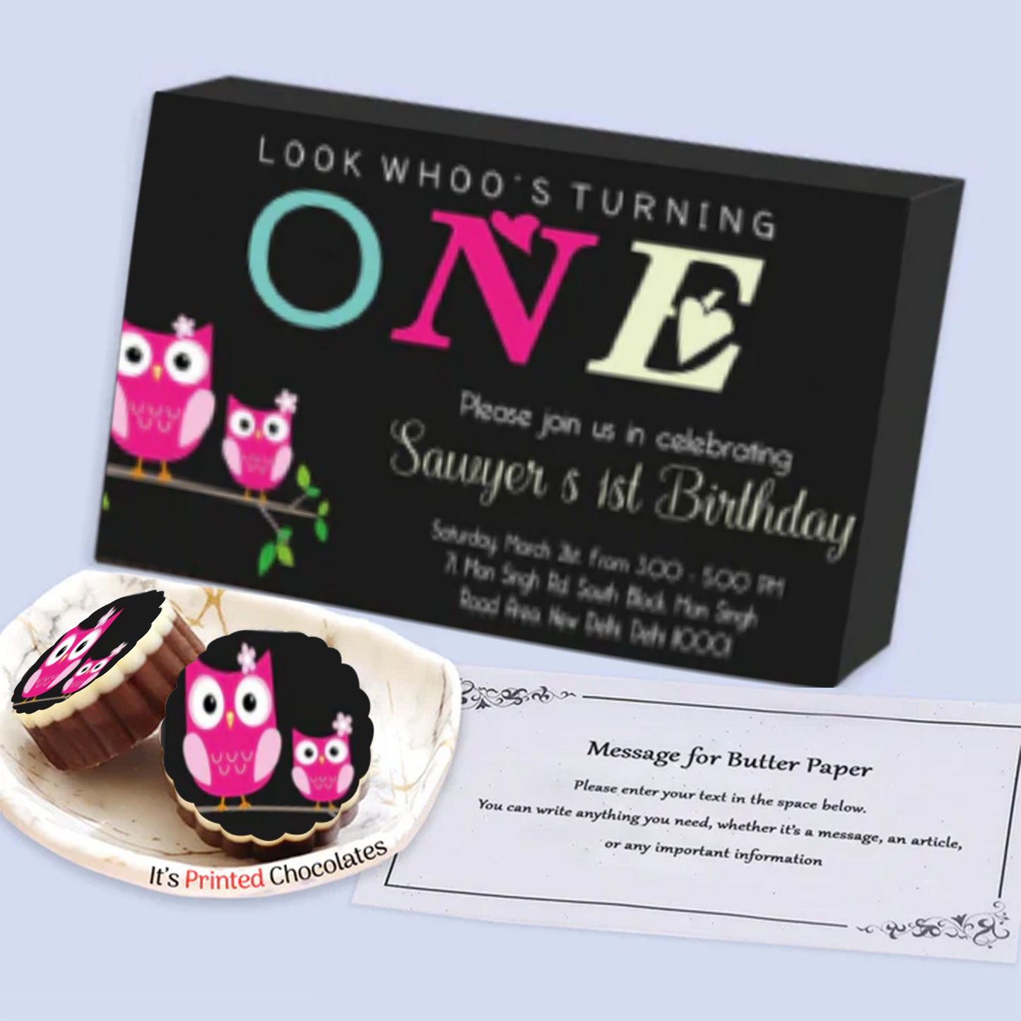 "Whooo's turning one" Owls Printed Chocolates birthday invitation
