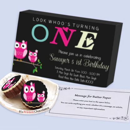 "Whooo's turning one" Owls Printed Chocolates birthday invitation