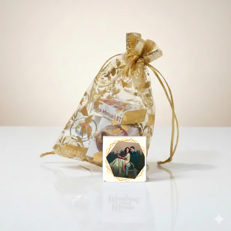 Personalized Golden Potli Chocolate Gift with 5 Photo Printed Chocolates