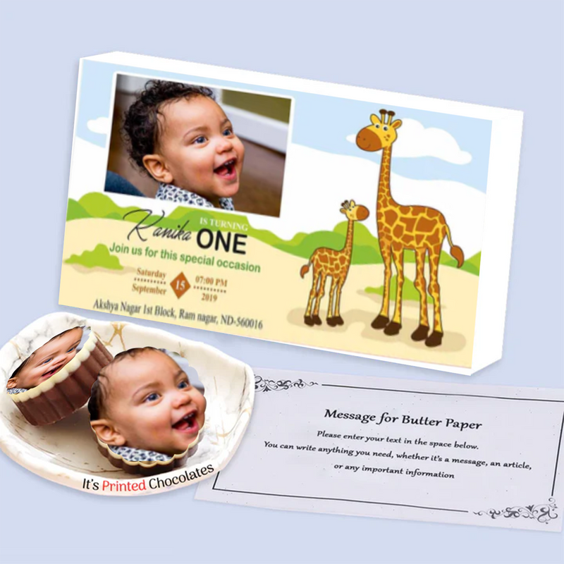 Baby & Mommy Giraffes Birthday invitation with Printed chocolates