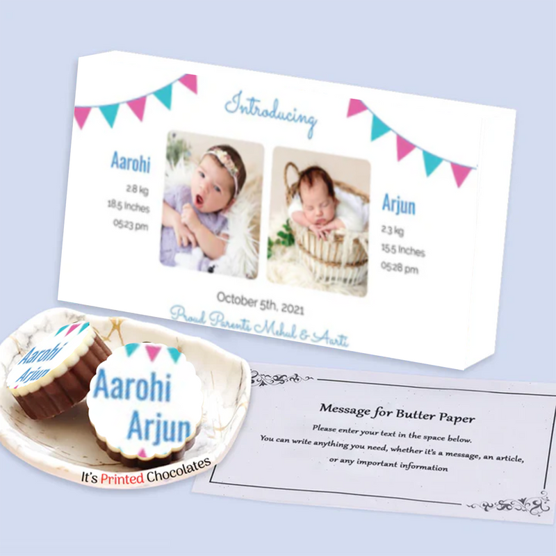 Pink & Blue bunting flags twins personalised announcement