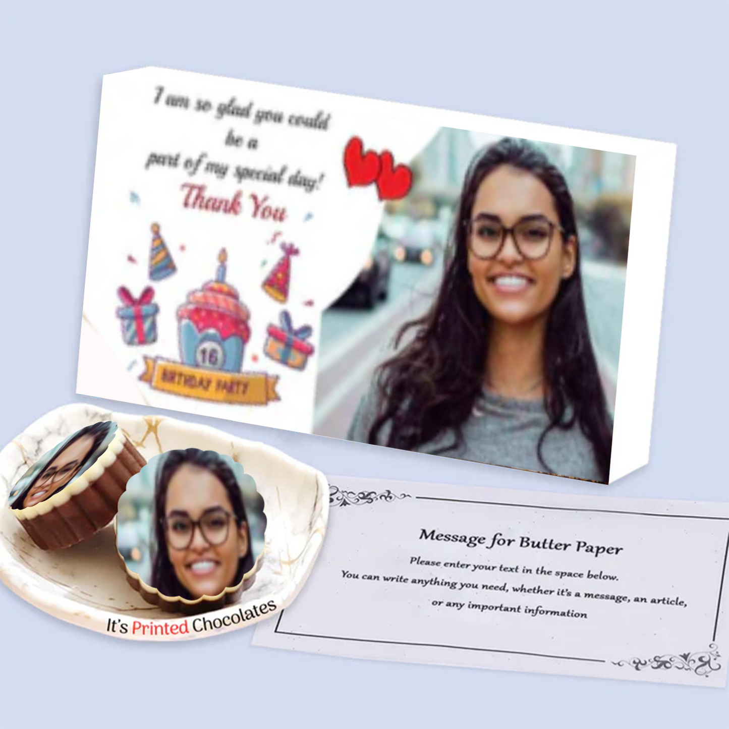 Sweet 16 birthday return gift photo printed chocolates