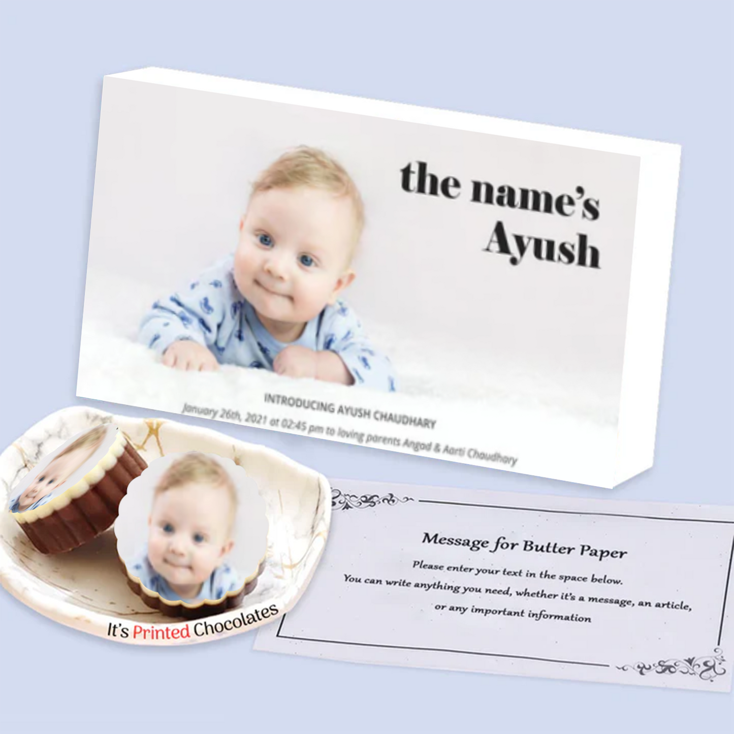 A golden crown printed chocolates Baby boy announcement
