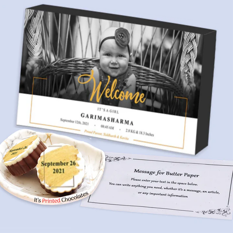 Baby boy birth announcement with tiny hands printed chocolates