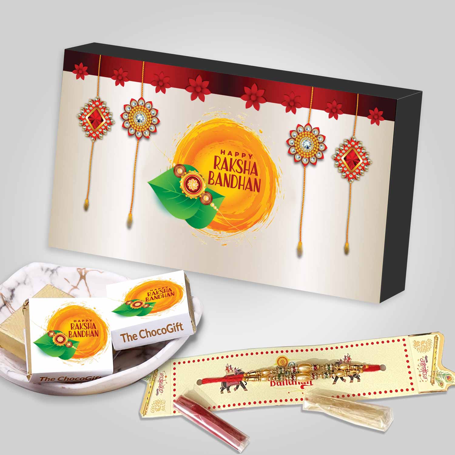 Unique Customized Rakshabandhan Rakhi Gift with Roli Chawal and 6 pcs Special Rakhi