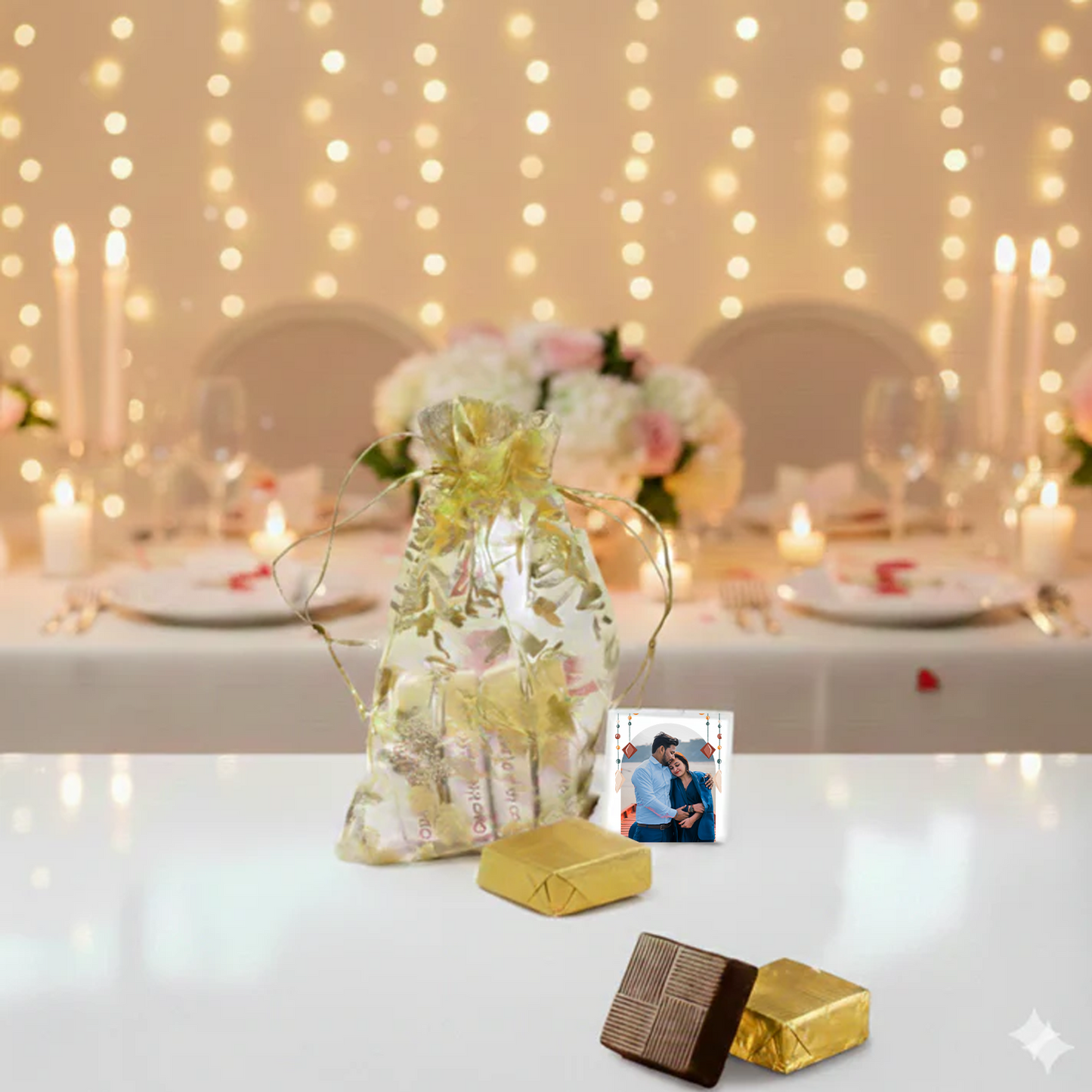 Customized Golden Potli with 5 Personalized Photo Chocolates