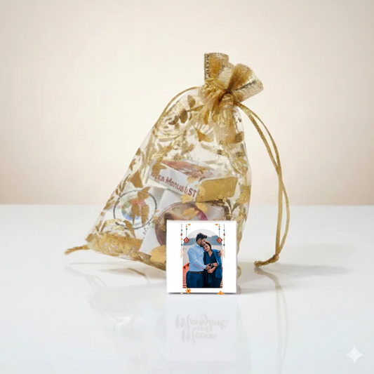 Customized Golden Potli with 5 Personalized Photo Chocolates