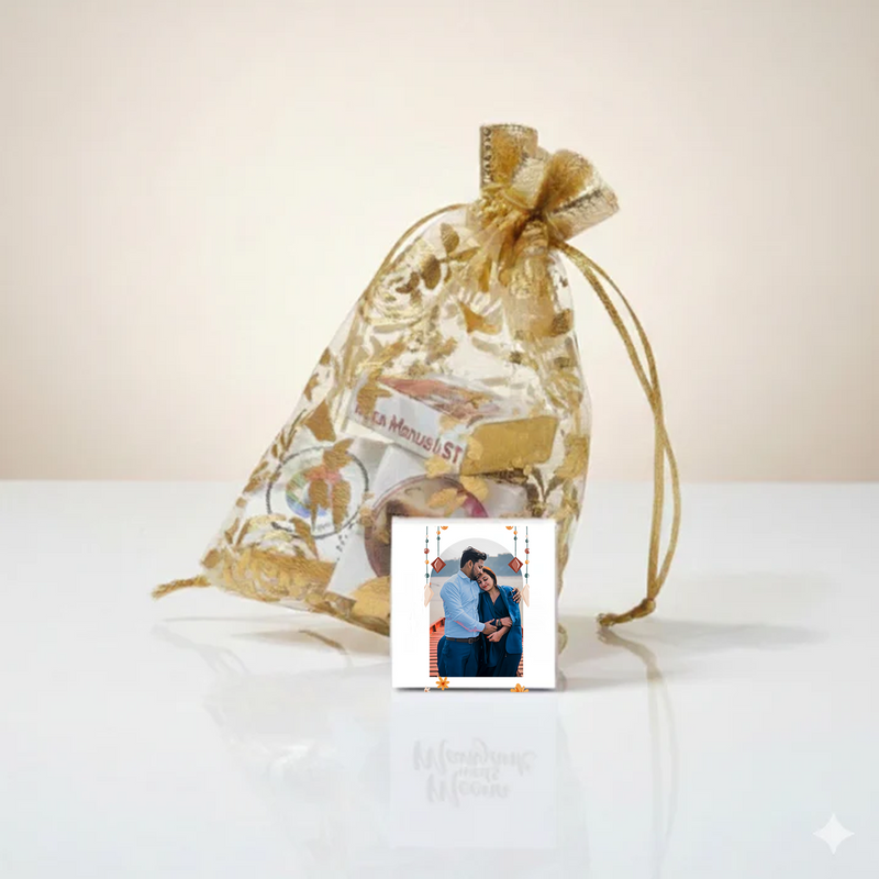 Customized Golden Potli with 5 Personalized Photo Chocolates
