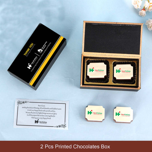 Printed chocolate gift box with company logo, thank-you card, and elegant wooden packaging – perfect for corporate gifting and client appreciation