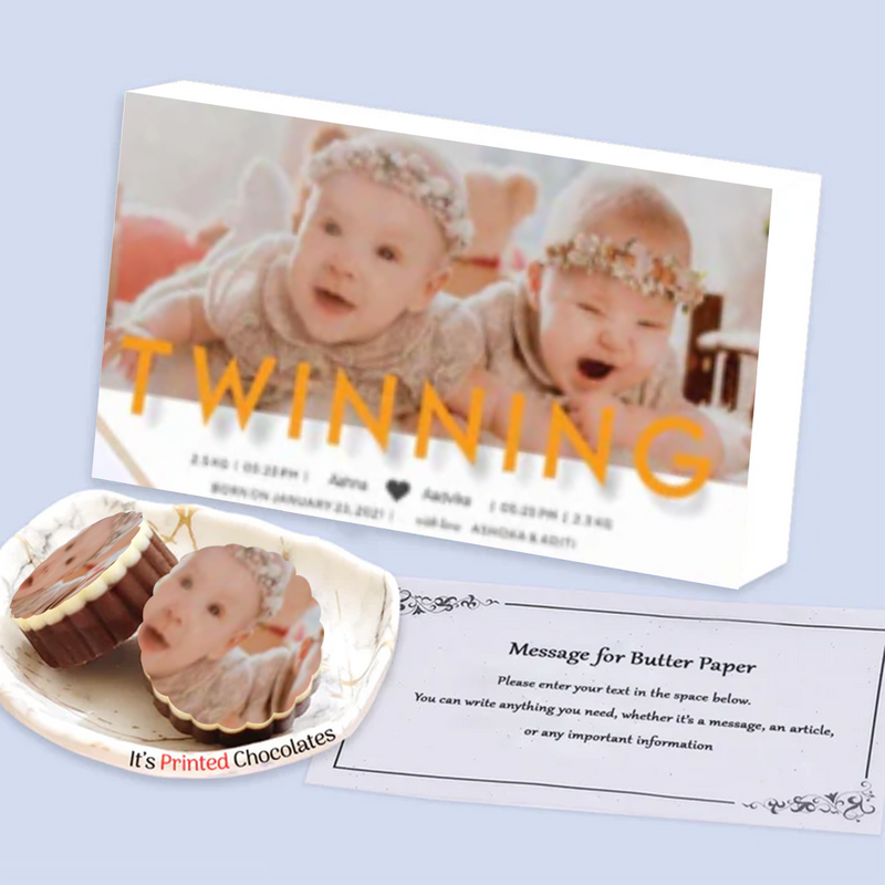 Twinning twins birth announcement printed chocolates