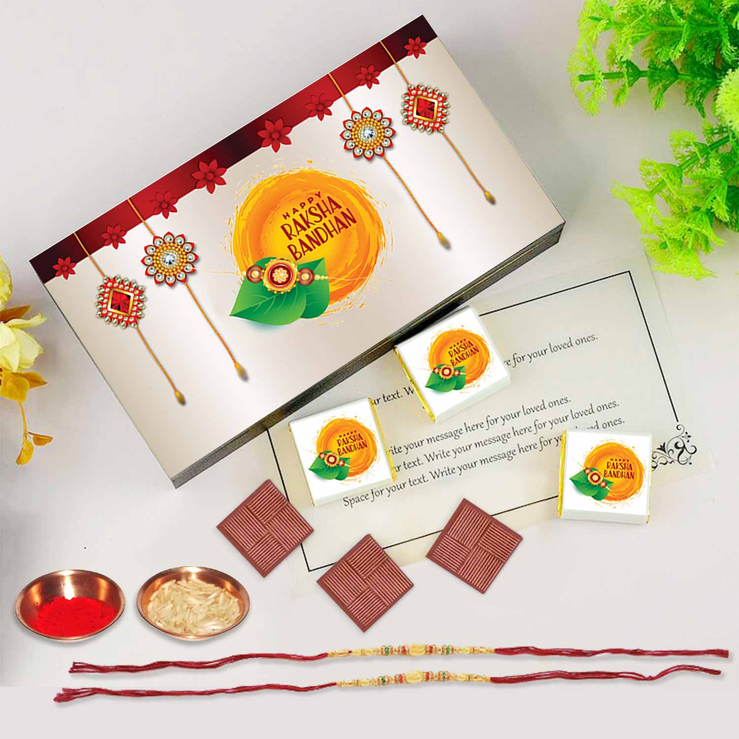 Unique Customized Rakshabandhan Rakhi Gift with Roli Chawal and 6 pcs Special Rakhi