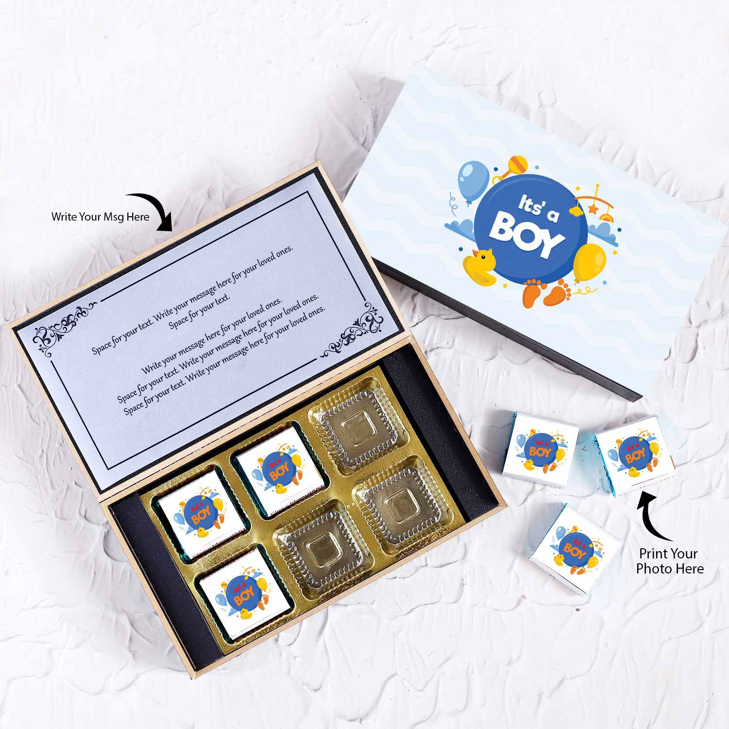 Baby boy birth announcement "It's a Boy" customised chocolates