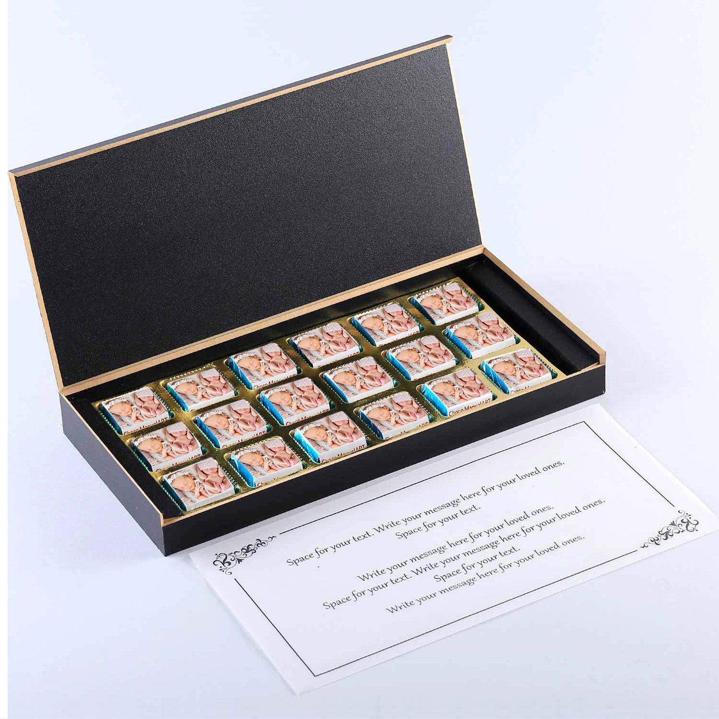 Names printed wrapped chocolates twin announcement