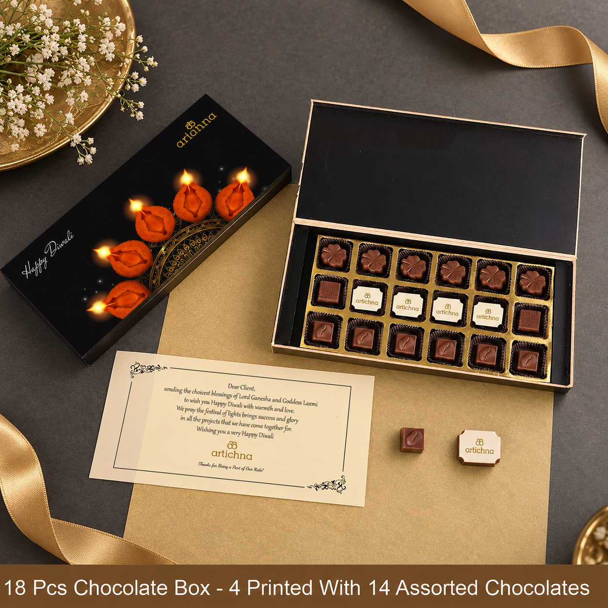 Diwali Chocolate Gift Box – 18 Chocolates  With Four Logo Printed  (Min. 10 Boxes)