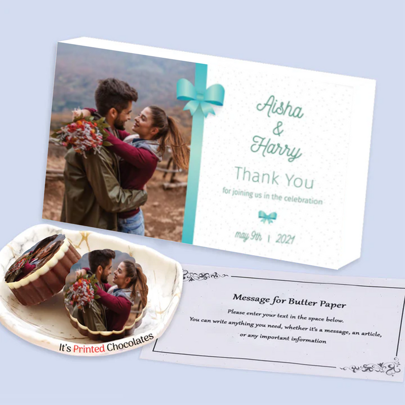 Cyan Ribbon names printed chocolates return gift