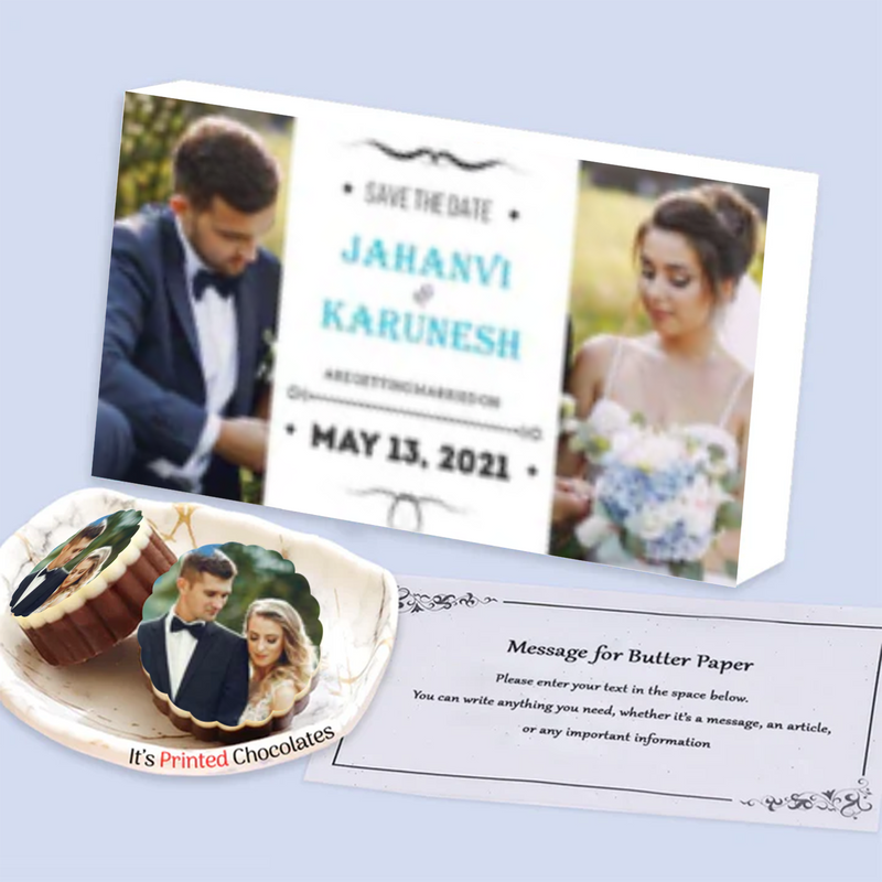 Cyan colored names printed wedding invitation chocolates