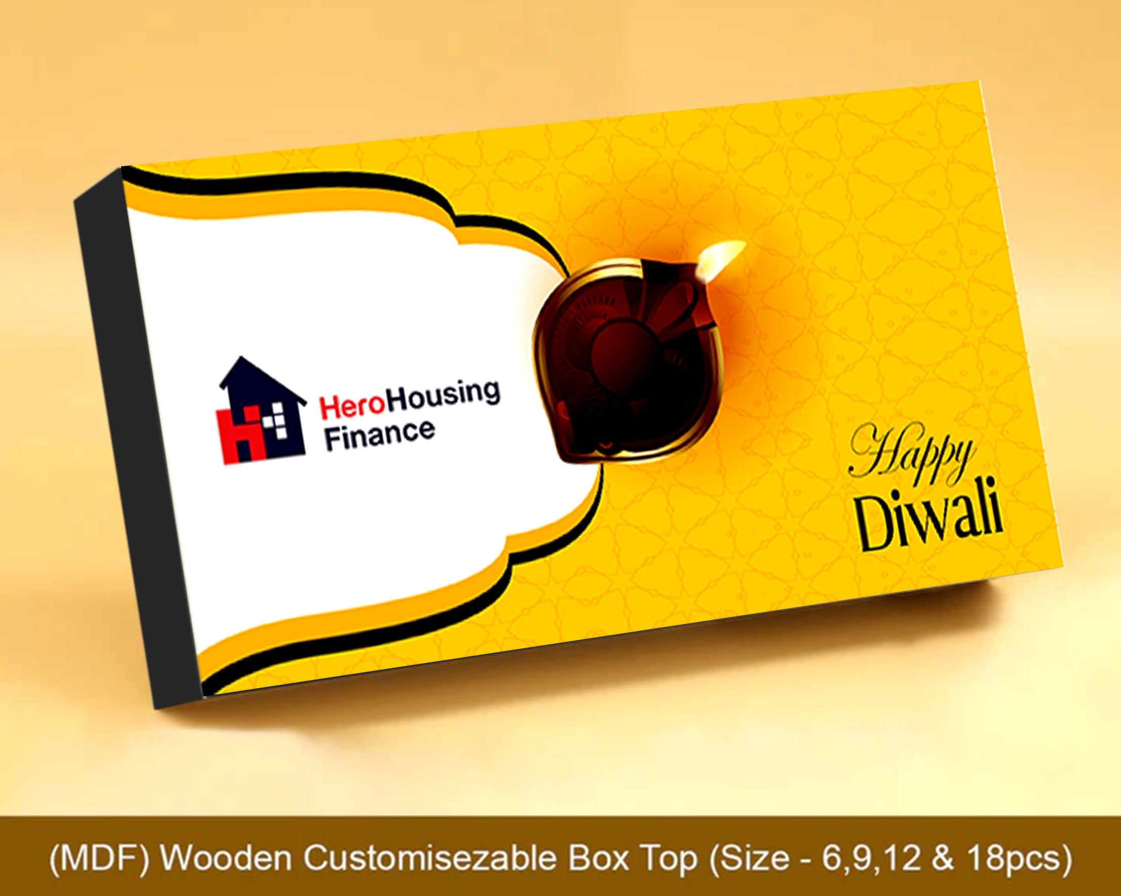 A box of logo-printed chocolates arranged in a beautifully designed Diwali-themed packaging, perfect for corporate Diwali gifting. The chocolates feature the company's logo on each piece, adding a personalized touch to the festive gesture."