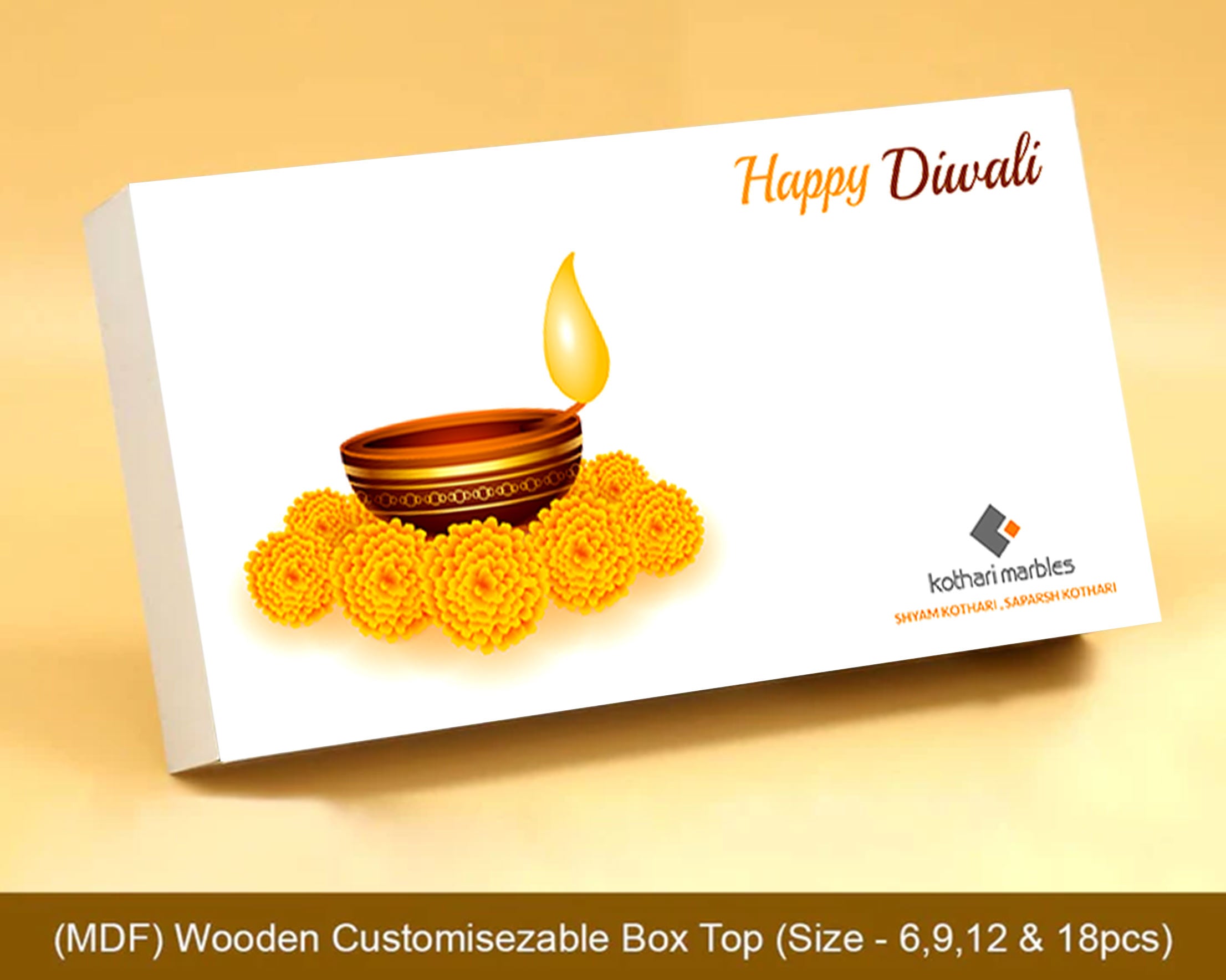 "Marigold flowers and diya printed Diwali gift of chocolates, a festive and delightful surprise."