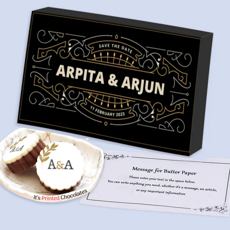 Golden geometrical wreath printed chocolates wedding invite