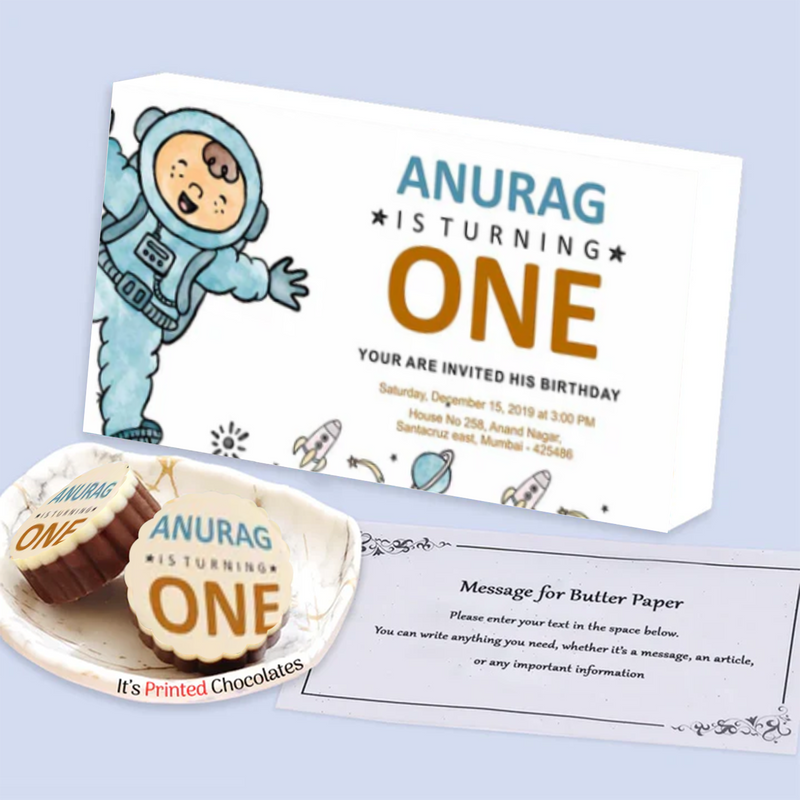 Space theme name Printed chocolates Birthday invitation