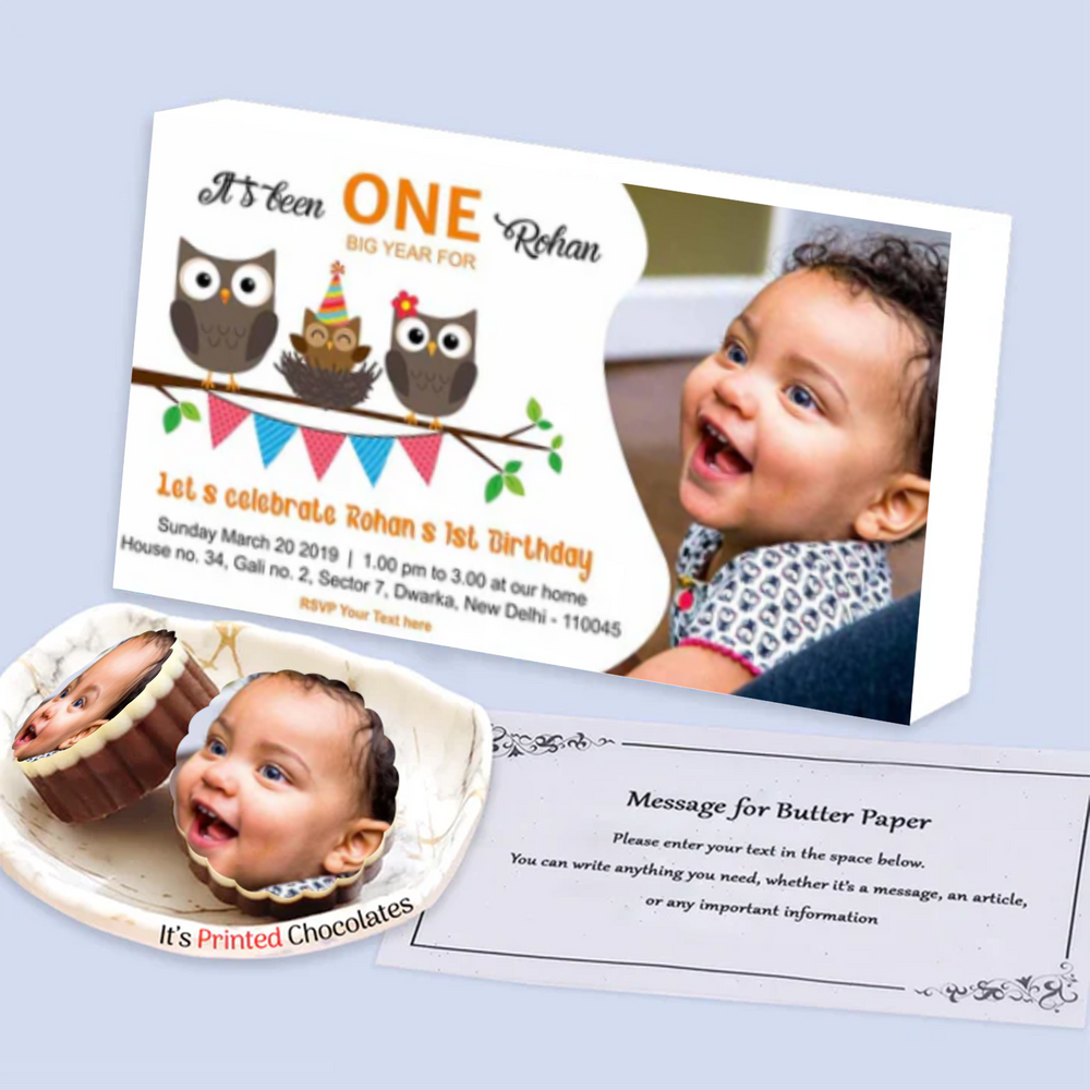Owl's Image Birthday invitation Photo Printed chocolates