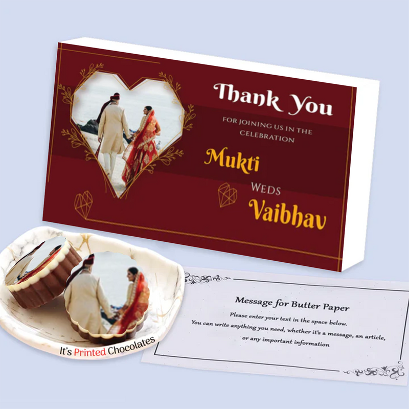 Ornate maroon wedding return gift printed chocolates
