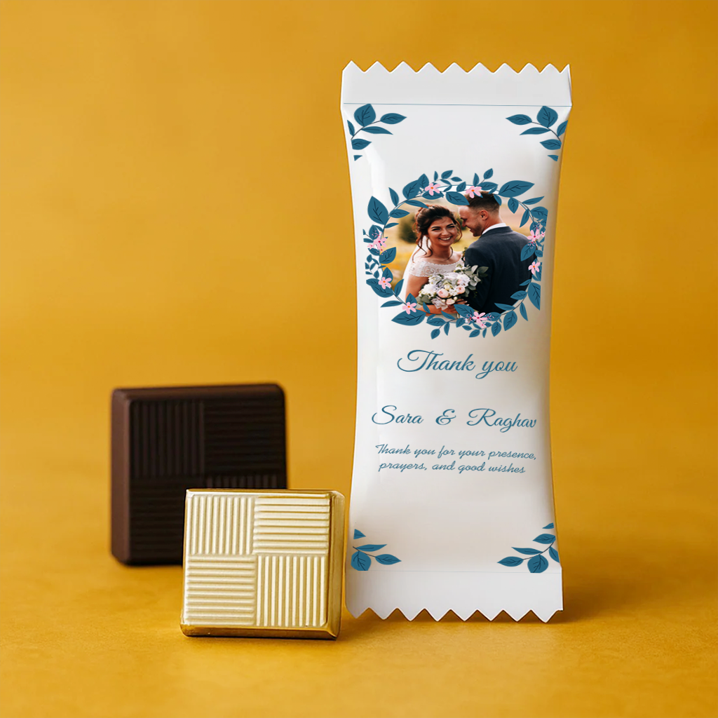 Personalized wedding chocolate return gift with couple photo and thank you message