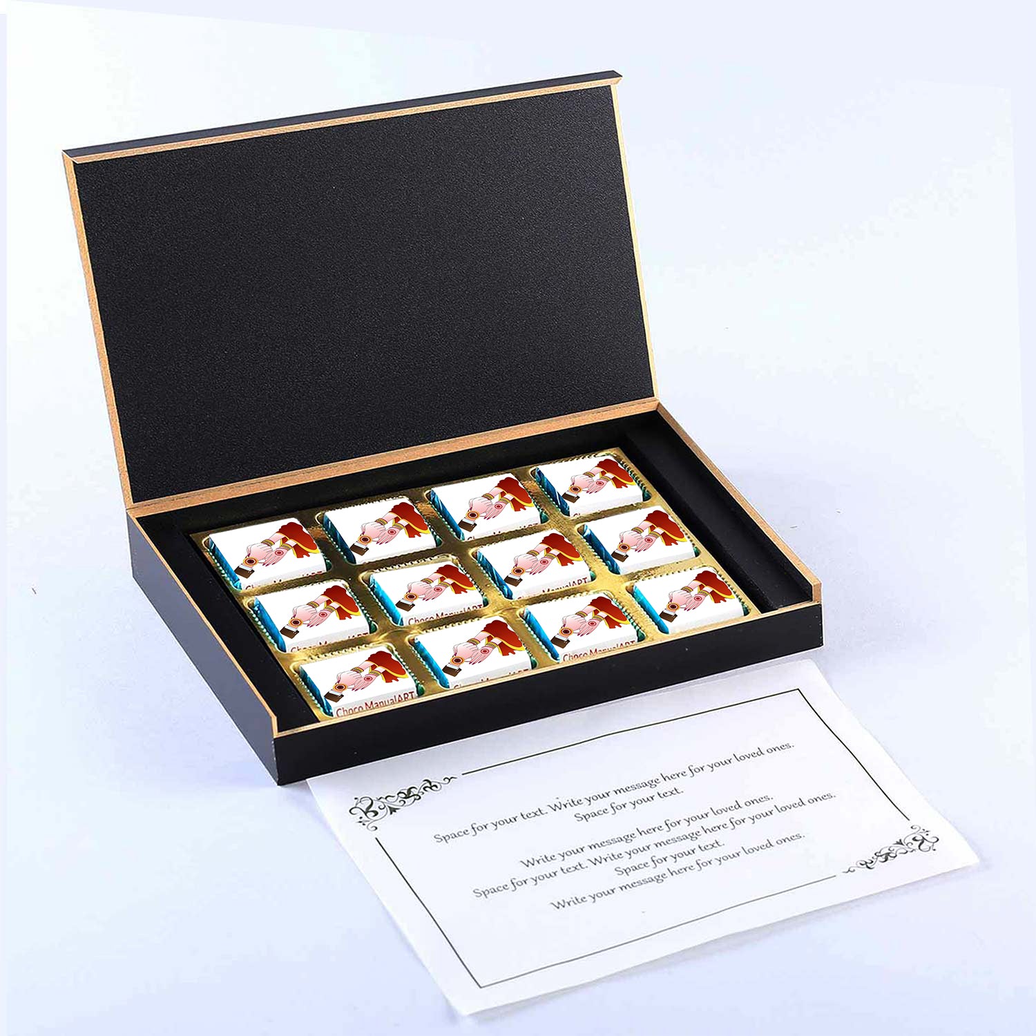 12 pcs rakhi gift box with chocolates with rakhi theme 