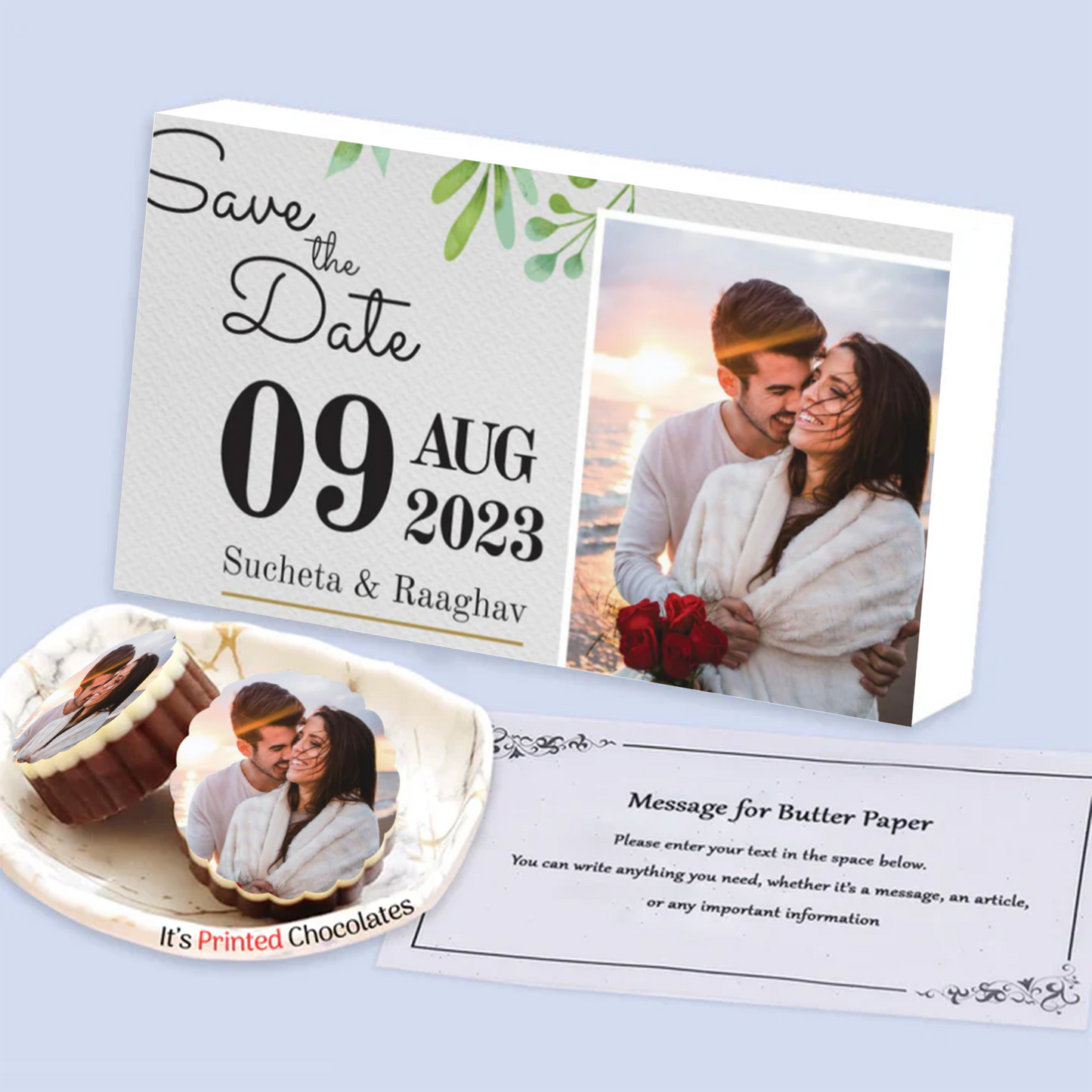 White elegant box wedding date printed chocolates invite