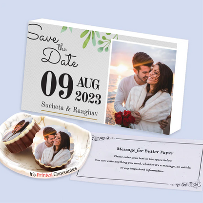 White elegant box wedding date printed chocolates invite