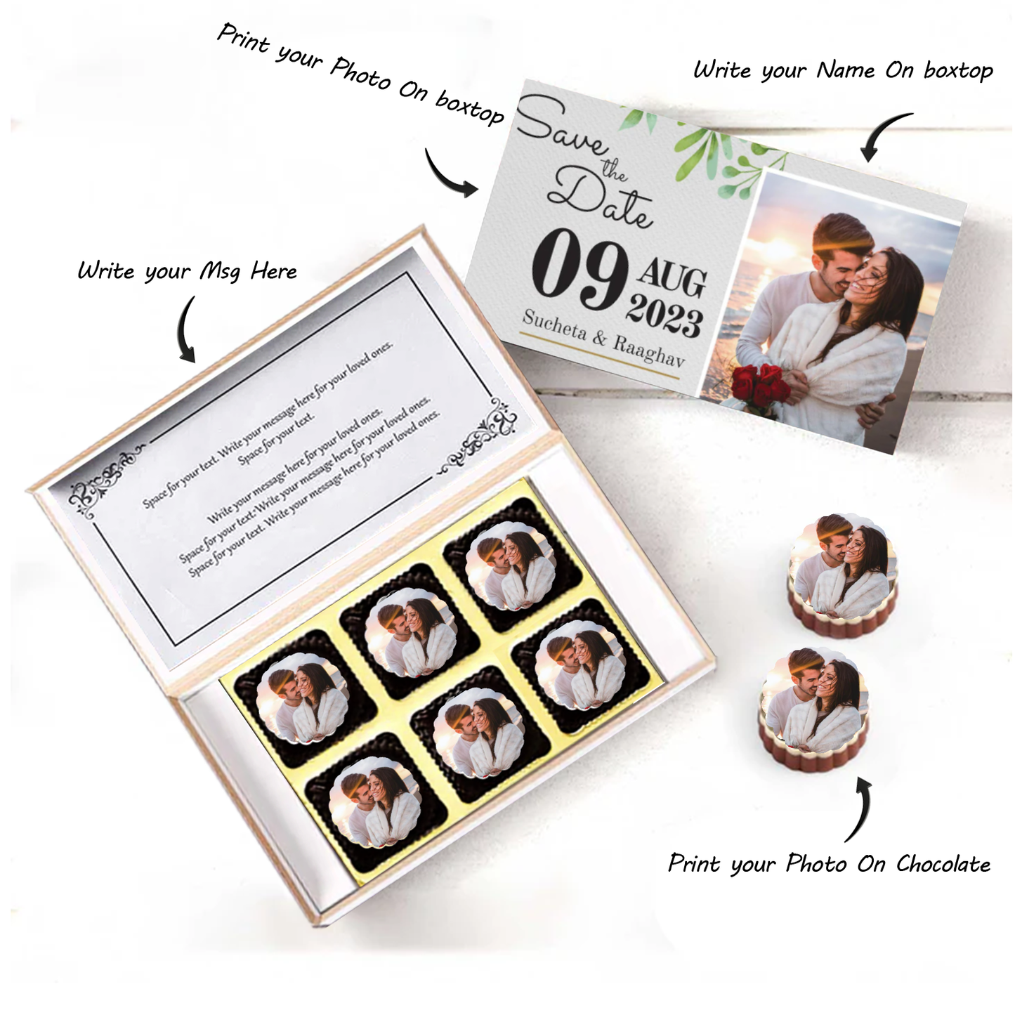 White elegant box wedding date printed chocolates invite