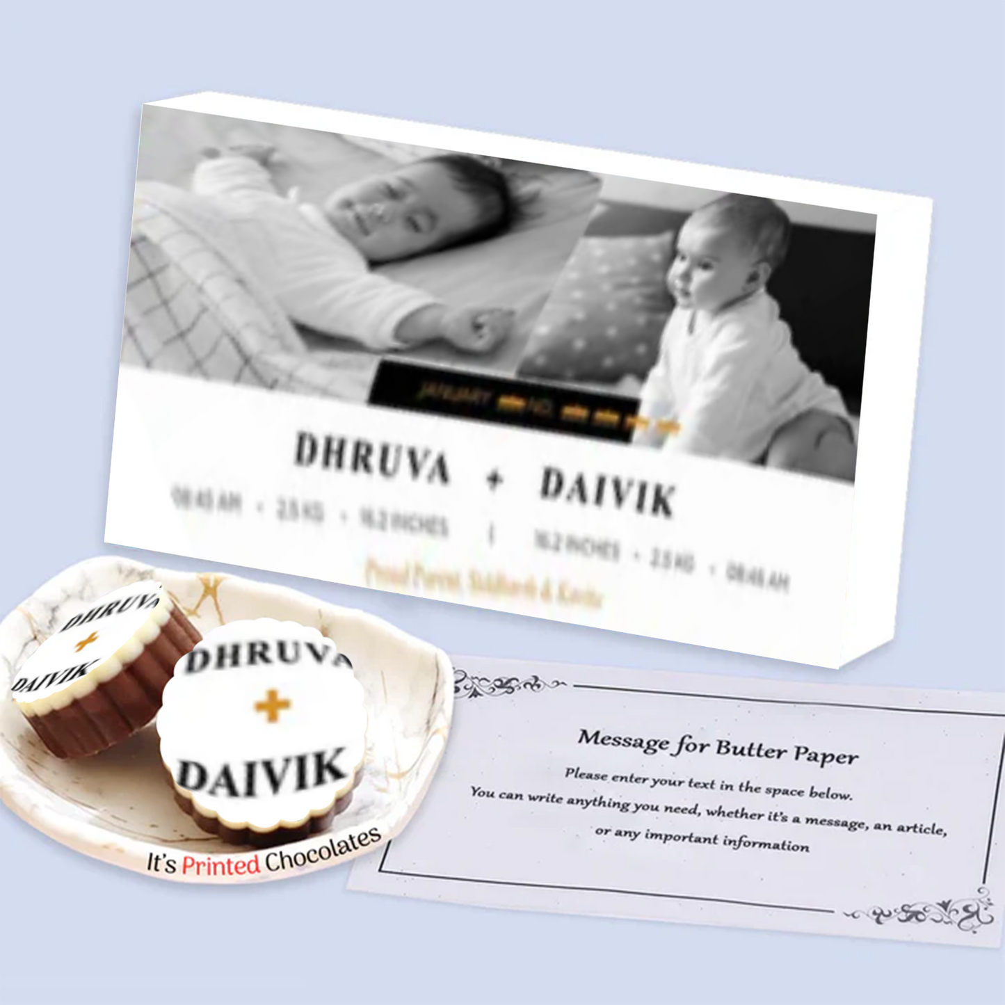 White elegant box printed chocolates twins announcement