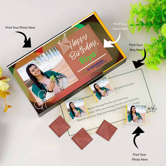 Personalized birthday chocolate gift box with custom photo, name, and message on packaging and chocolates – ideal for employee or corporate gifting