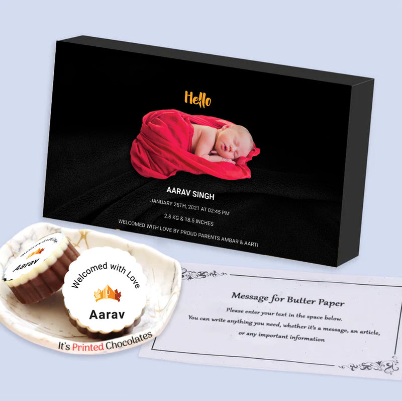 Black elegant box of photo printed chocolates baby announcement