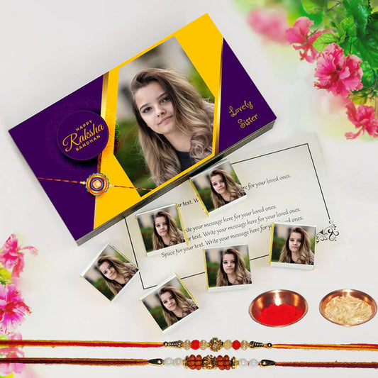 Yellow-Violet customised rakhi gift for sister