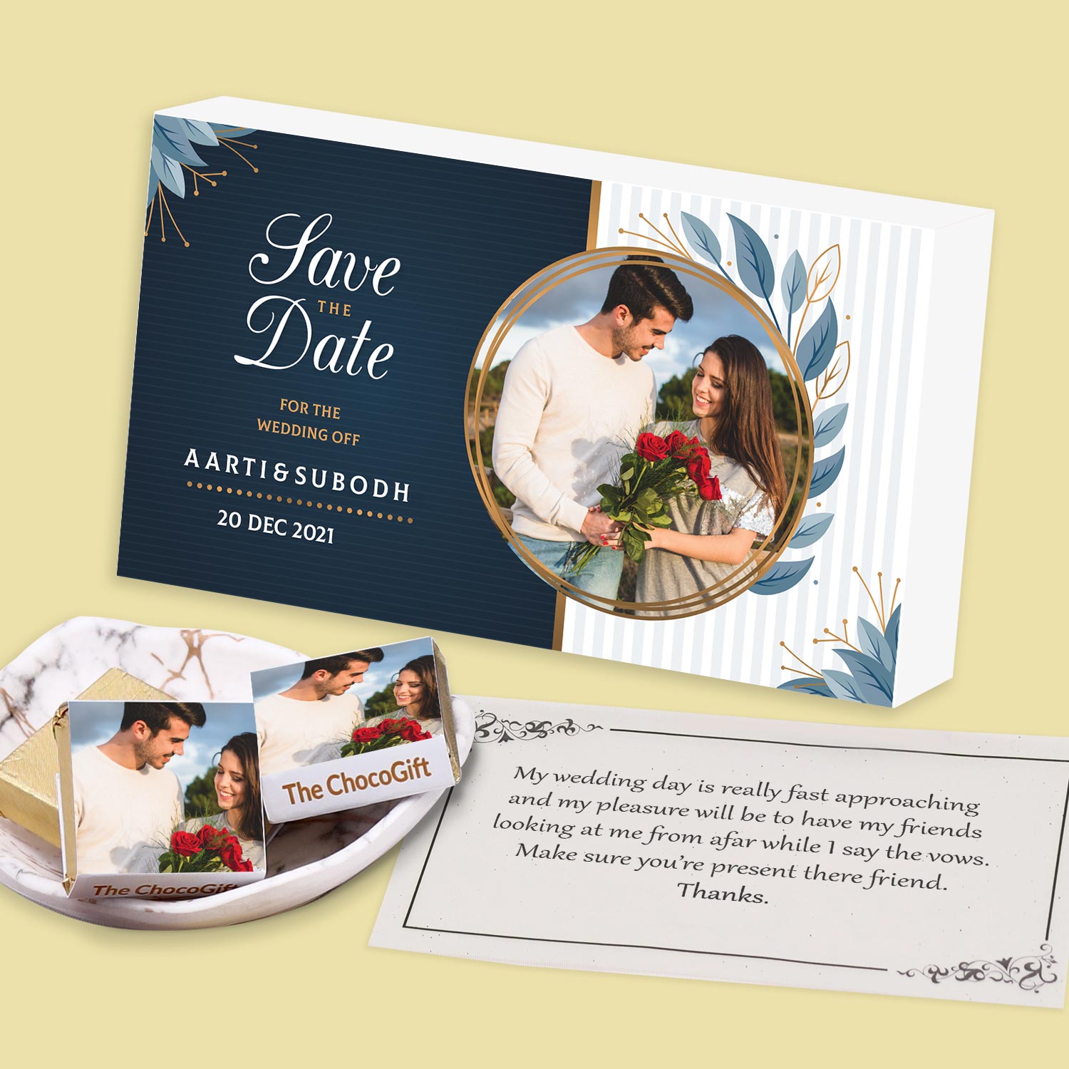 Save the date personalised wrapped unique chocolates invite