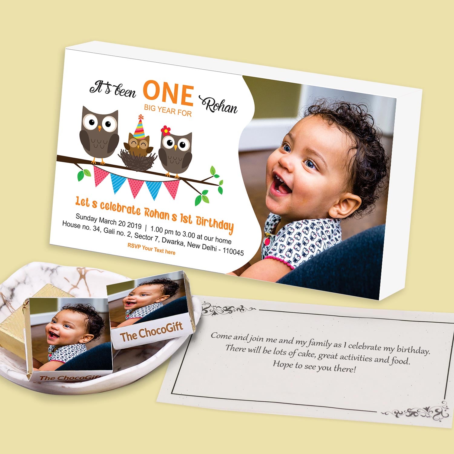 Baby owl, mommy & daddy owl customised birthday invitation