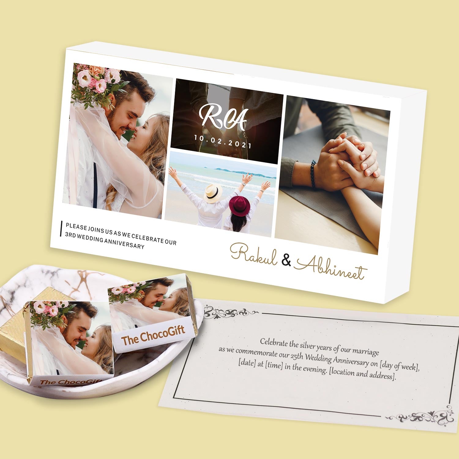 White elegant Box Personalised wrapped chocolates Anniversary Invite