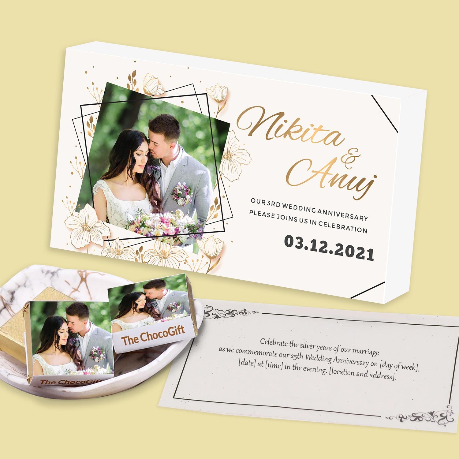 Golden blooming flowers personalised Anniversary Invitation