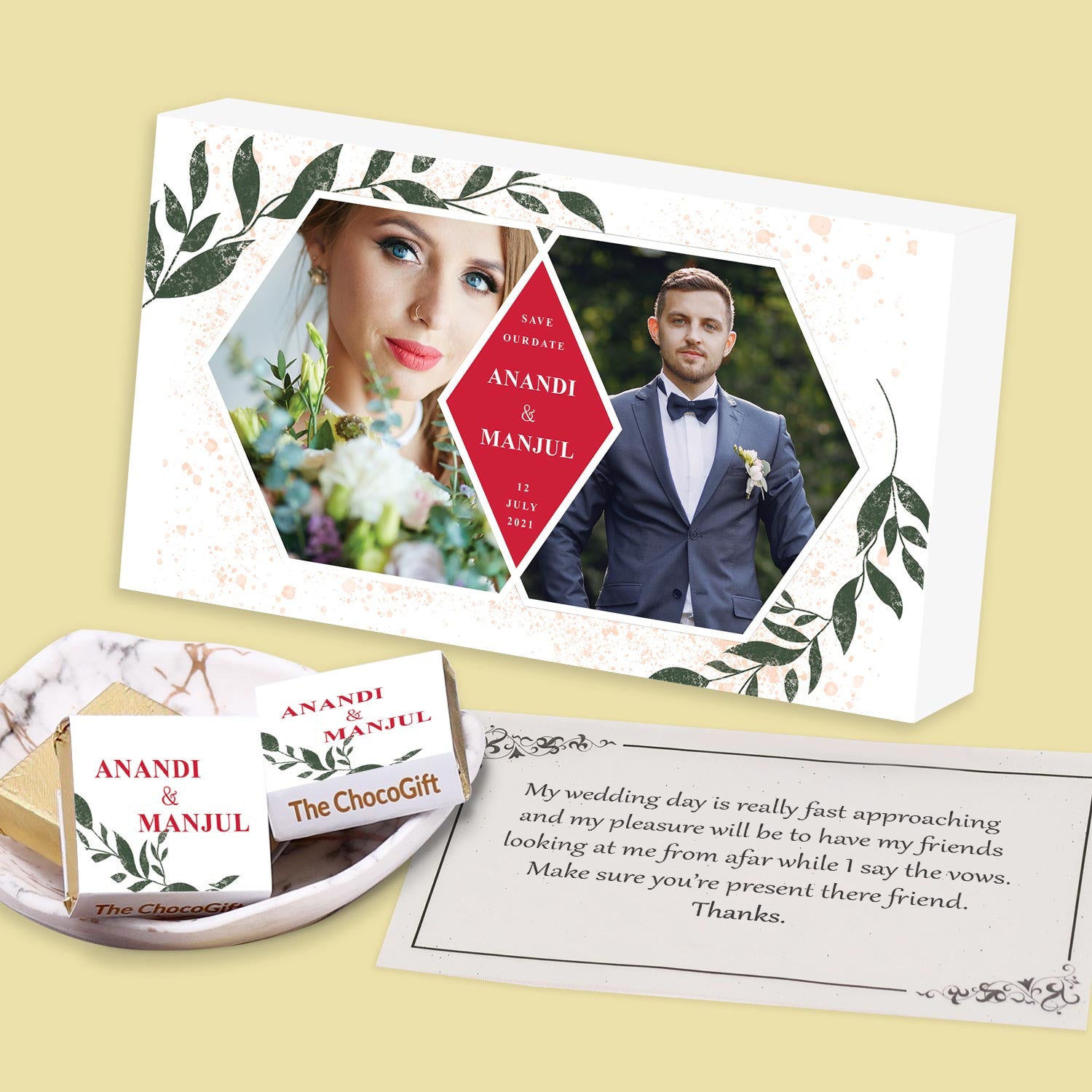 Personalised wedding invitation date printed wrapped chocolates